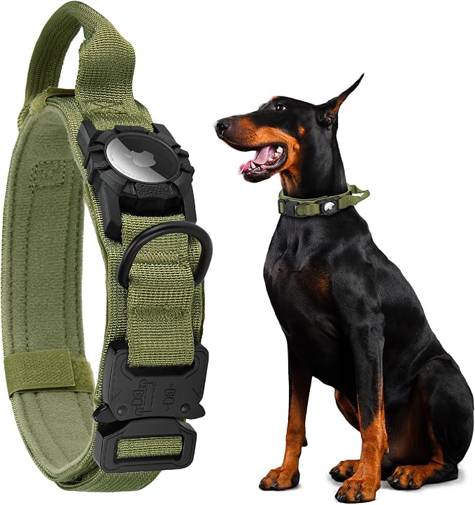 Tactical AirTag Dog Collar - Heavy Duty, Adjustable GPS Collar | Compatible with Apple AirTag, with Holder & Control Handle for Medium/Large Dogs [ Green, M ]