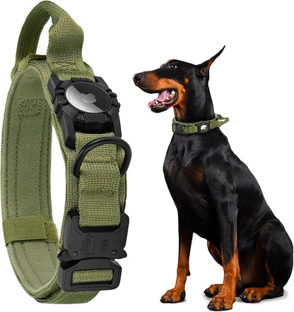 Tactical AirTag Dog Collar - Heavy Duty, Adjustable GPS Collar | Compatible with Apple AirTag, with Holder & Control Handle for Medium/Large Dogs [ Green, M ]