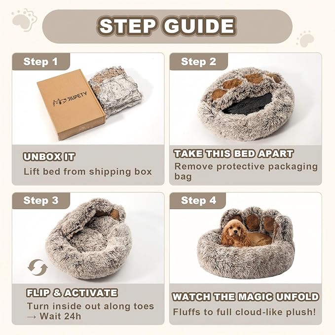 Jiupety Paw Shape Calming Pet Bed, Medium Plush Faux Fur Donut Bed for Dogs & Cats, Machine Washable, Non-Slip Bottom, Extra Large Size (32"×32"×10"), Gray
