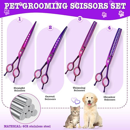 Dream Reach Dog Grooming Scissors - 7" Professional 6 in 1 Pet Scissors Sharp and Durable Shears Set Thinning, Chunker, Straight, Curved Shears and Comb for Dog Cat Pets, Purple