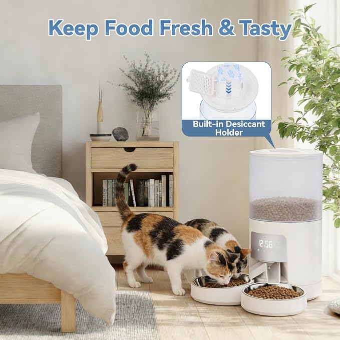 Sweetcrispy Automatic Cat Feeder, 4L Cat Food Dispenser with APP, White | 2.4G WiFi, Applicable for Dry Food, 16.9 Cups, 10 Meals/Day, 50 Portions/Meal, 10s Voice Recorder, Dual Power Supply