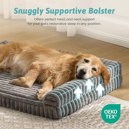 COZY KISS Extra Large Dog Bed, Faux Rabbit Fur Orthopedic Foam Dog Bed with Sides, Removable Washable Cover & Waterproof Lining, Comfortable Pet Couch, Grey (48" L x 35" W x 7.5" Th)