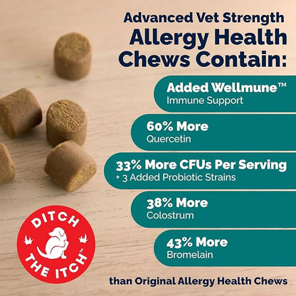 Vetnique DermaBliss Dog Allergy Chews for Seasonal Allergy Itch Relief, Skin & Gut Health with Probiotics and Omega 3 Blend - Advanced or Regular Strength (60ct, Advanced Strength Chews)