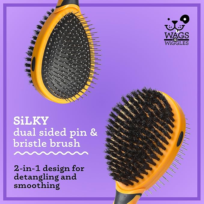 Wags & Wiggles Double Sided Dog Brush - Efficient Pet Grooming for Long or Short Haired Dogs & Cats, Shedding Brush, Detangling Pin & Bristle Dog Hair Remover