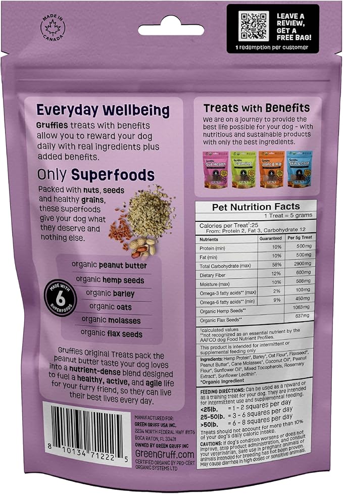 Gruffies Organic Dog Treats – Peanut Butter Flavor with Superfoods – High Protein & Omega-3 – No Fillers – Non-GMO – Vet Approved – Made in Canada – 6 oz (Pack of 6)