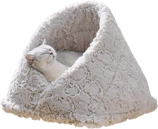 PetPals Round Cat Bed Cat Cave with Removeable and Washable Cushion, Super Soft Rose Patten Faux Fur Pet Bed for Puppy and Kitten with Anti-Slip Bottom (Rose Cradle)