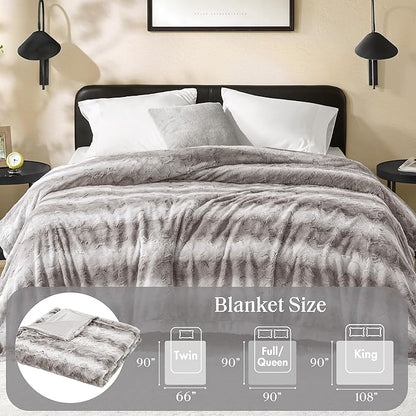 Madison Park Ultra-Soft Poly Fur Blanket Queen Size, Reversible Plush, All Season & Lightweight Queen Fuzzy Blanket for Bed, Couch & Sofa, Zuri, Full/Queen Grey