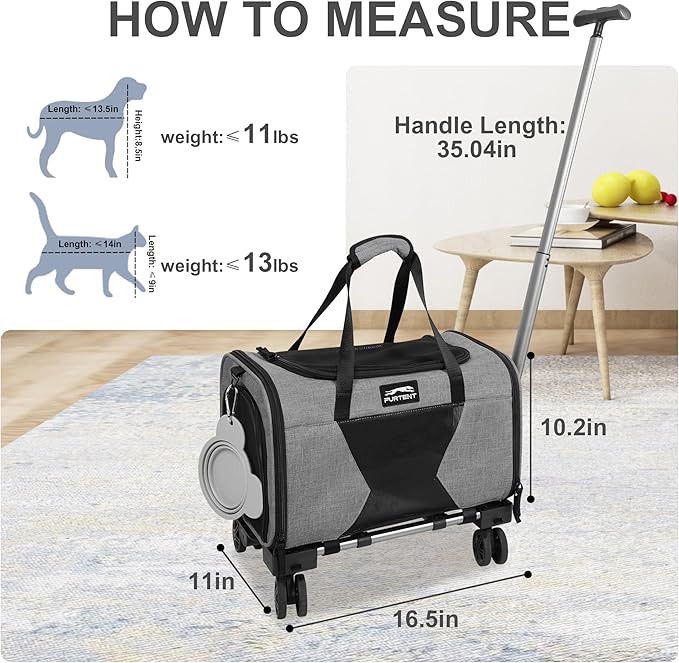Soft Sided Cat Carrier Wheels Rolling Dog Carrier Airline Approved Pet Carrier with Wheels for Puppy and Kitten with Telescopic Handle and Trolley for Traveling Camping Vet Hiking,Grey