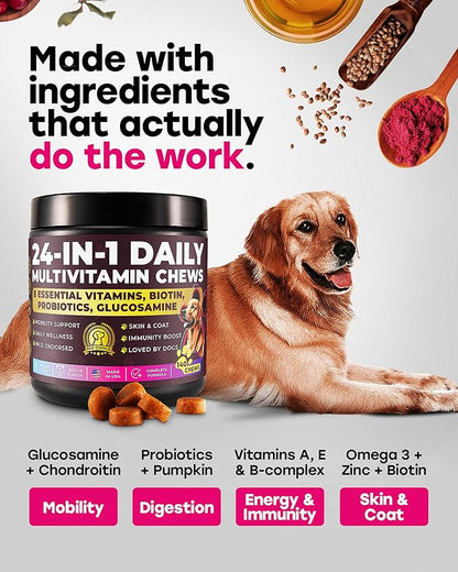 24-in-1 Daily Multivitamin Dog Chews – Joint, Skin & Coat, Digestion & Immunity Support – Glucosamine, Omega-3, Probiotics for Gut Health – PhD-Endorsed, 140 Chews, Bacon Flavor