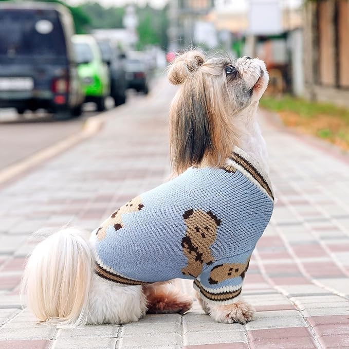 ABRRLO Small Dog Sweaters Cute Bear Dog Cardigans Clothes for Small Medium Dogs Boy Girl Puppy Cat Knitting Cardigan Outfits Dogs Autumn Coats Warm Pet Doggy Clothes Soft Knitwear Apparel (Blue,M)