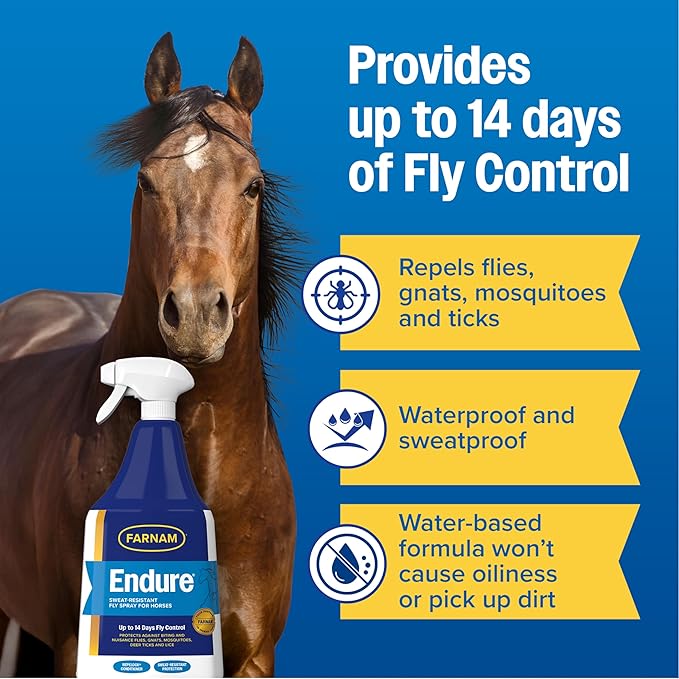 Farnam Endure Fly Spray for Horses - Long-Lasting Sweat-Resistant Fly Repellent, Repels Flies, Mosquitoes, Gnats and Ticks, Up to 14 Days Fly Control - 32 oz Spray