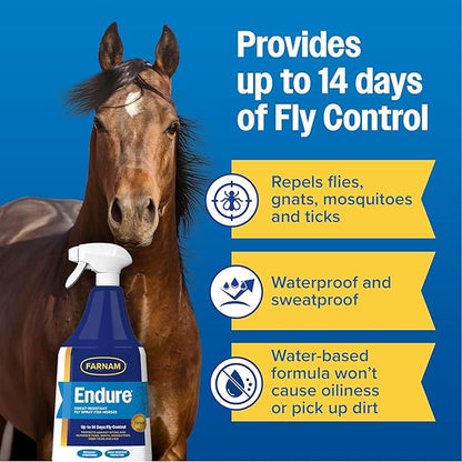 Farnam Endure Fly Spray for Horses - Long-Lasting Sweat-Resistant Fly Repellent, Repels Flies, Mosquitoes, Gnats and Ticks, Up to 14 Days Fly Control - 32 oz Spray