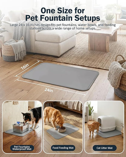 Dog Water Fountain Splash Mat, Waterproof Silicone Pet Feeding Mat, Non-Slip Floor Protector for Dog Water Bowl Dispenser & Cat Fountain, Raised Edge, Easy to Clean