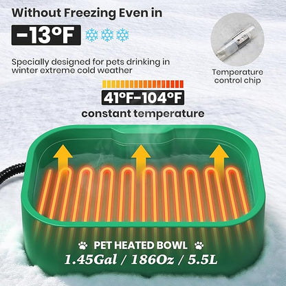 1.45 Gal/5.5L Heated Water Bowl, Extra Large Heated Dog Bowls for Outside, Safety Listed Heated Pet Bowl with Anti-Chew Cord for Dog & Cat Drinking Water in Winter, BPA-Free, Anti-Slip Base(Green)