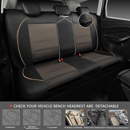 CAR PASS Piping PU Leather Car Seat Cover Full Set,Inside Zipper Design and Reserved Opening Holes,Airbag Compatible,Universal FIT for Car, SUVs,Van,Small Trucks（Full Set, Black & Gold）