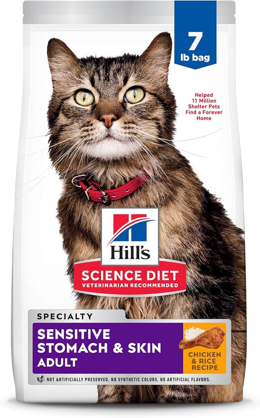 Hill's Science Diet Adult Sensitive Stomach & Skin Dry Cat Food, Chicken & Rice, 7 lb. Bag (Updated Formula)