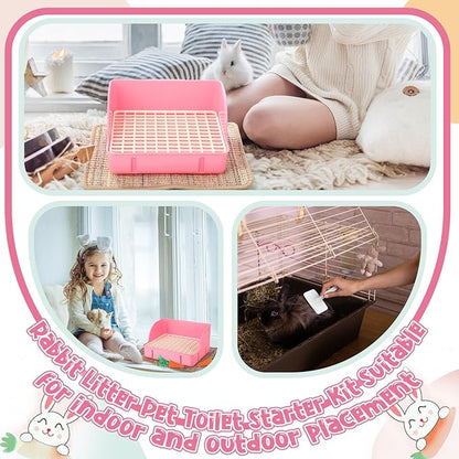 Honeydak 10 Pcs Rabbit Starter Kit Small Litter Box Bunny Grooming Kit Scratch Pads Hay Feeder Bowl Ice Pad with Bunny Toys for Guinea Pig Rabbit Accessories(Pink)