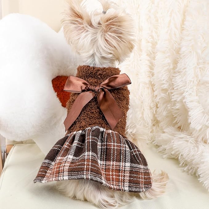 Yikeyo Dog Sweater Dress,Winter Dog Clothes Sweater Dress for Small Dogs Girl, Plaid Hem, Turtleneck, Fluffy Female Warm Pet Fuzzy Puppy Coat Apparel Outfit Yorkie Chihuahua Clothes, XXS, Brown