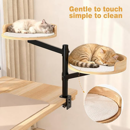 Cat Desk Bed for Indoor, 15.75" Double Cat Beds for Desk with Mats, 360° Rotating & Height Adjustable, Each Supports up to 22kg/48.5 lb, Modern Furniture for Office Desks and Gaming Tables