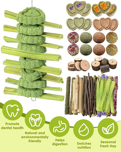 68pcs DIY Rabbit Chew Toys,Rabbit Toy for Bunnies Boredom Bunny Toys for Teeth, Timothy Stick, Apple Sticks, Sweet Bamboo, for Guinea Pig, Hamster, Chinchilla, Rat (19.04 Ounces (Pack of 1))