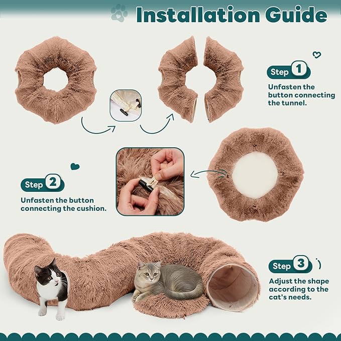 DUMOS Cat Tunnel Bed for Indoor Cats Cave Donut Play Tunnel with Soft Plush Peekaboo, Circle Cushion, Washable Multifunctional Playground Under Tree Pet Toys for Kittens, Puppy Rabbit, Ferret, Brown
