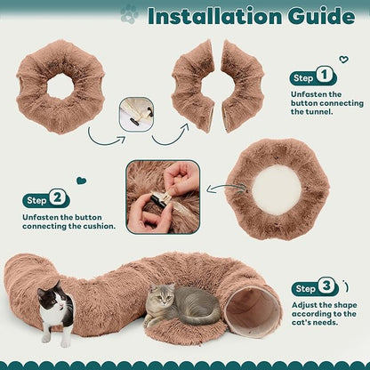 DUMOS Cat Tunnel Bed for Indoor Cats Cave Donut Play Tunnel with Soft Plush Peekaboo, Circle Cushion, Washable Multifunctional Playground Under Tree Pet Toys for Kittens, Puppy Rabbit, Ferret, Brown
