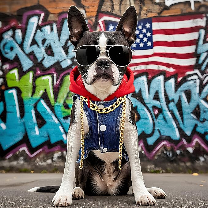 Cool Dog Jean Jacket Vest with D-Ring Blue Denim Dogs Hoodies Outfits for Small Medium Dogs Cats Boy Male Dog Clothes Costume Dogggie Puppy Harness Coat for Frenchie Walking(Red Hat,M)