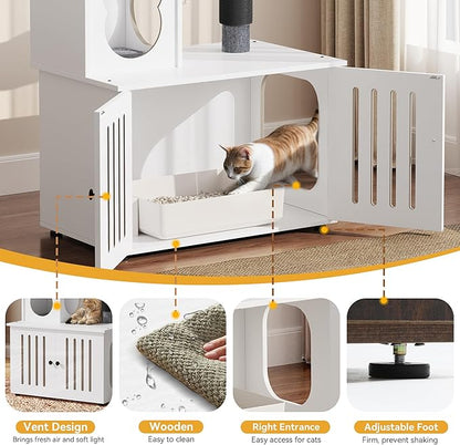 YITAHOME Cat Tree with Litter Box Enclosure, 2-in-1 Cat Furniture, Modern Cat Condo with Cat House, Perch, Food Station, Hammocks, Scratch Post, Hair Brush, 53.5 Inch, White