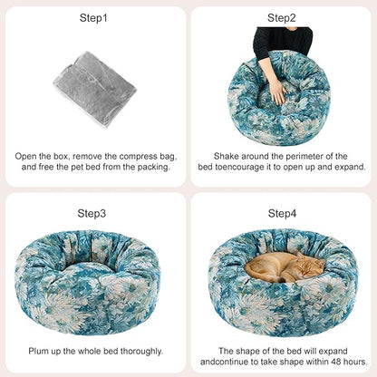 Dog Calming Beds for Small Medium Large Dogs - Round Donut Washable Puppy Dog Bed, Anti-Slip Faux Fur Fluffy Donut Cuddle Anxiety Cat Pet Bed (24" Flower)