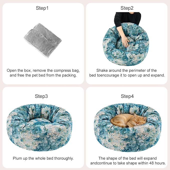 Dog Calming Beds for Small Medium Large Dogs - Round Donut Washable Puppy Dog Bed, Anti-Slip Faux Fur Fluffy Donut Cuddle Anxiety Cat Pet Bed (28" Flower)