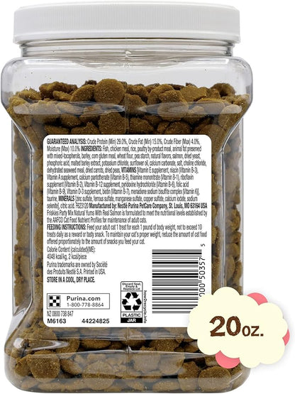Friskies Purina Natural Cat Treats Party Mix Natural YUMS with Real Salmon and Added Vitamins, Minerals and Nutrients - 20 Oz. Canister (Pack of 2)