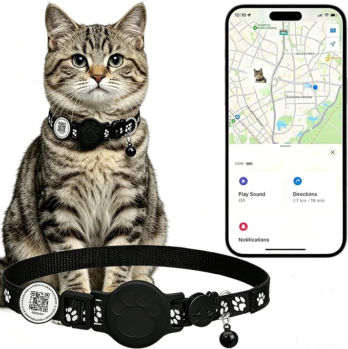 Cat Tracker with QR Code GPS Collar for Cats Electronic Pet Locator Waterproof Compatible with Apple Find My Advanced Tracking Solution Smart Collar Ideal for Small to Large Cats No Monthly Fee
