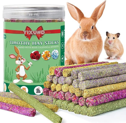 YIXUND 40-Pack Rabbit & Small Rodent Chew Sticks - Lavender, Timothy, Calendula, Rose - Dental Care & Boredom Relief