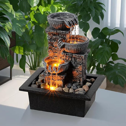 Kalona Tabletop Water Fountain, 3-Bowl Indoor Waterfall with LED Light | 9 cascading streams create soothing water sounds; rock-castle resin decor for meditation, relaxation, home, office or desk.