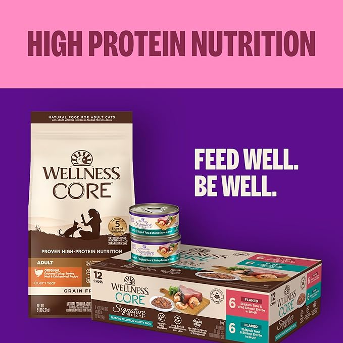 Wellness CORE Signature Selects Shredded Adult Canned Wet Cat Food, Natural, Protein Rich, Grain Free, Chicken and Quail Egg Entrée Recipe, 5.3 oz, Pack of 12 Cans