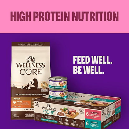 Wellness CORE Signature Selects Shredded Adult Canned Wet Cat Food, Natural, Protein Rich, Grain Free, Chicken and Quail Egg Entrée Recipe, 5.3 oz, Pack of 12 Cans