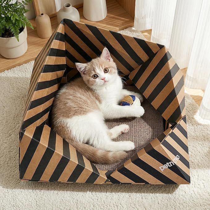 PETNOVO Foldable Cat Bed & House for Travel – Origami Cardboard Cat House with Built-in Honeycomb Scratcher Pad, No-Tools Assembly, FSC-Certified Recyclable, Black, 18.5" L x 18.5" W x 11.8" H
