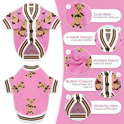 PETCARE Small Dog Sweater Cute Bear Dog Cardigan Coat Clothes for Small Medium Dogs Boy Girl Cat Sweaters Clothes for Cats Only Soft Warm Fall Winter Puppy Knitted Outfits Chihuahua Shih Tzu, Pink
