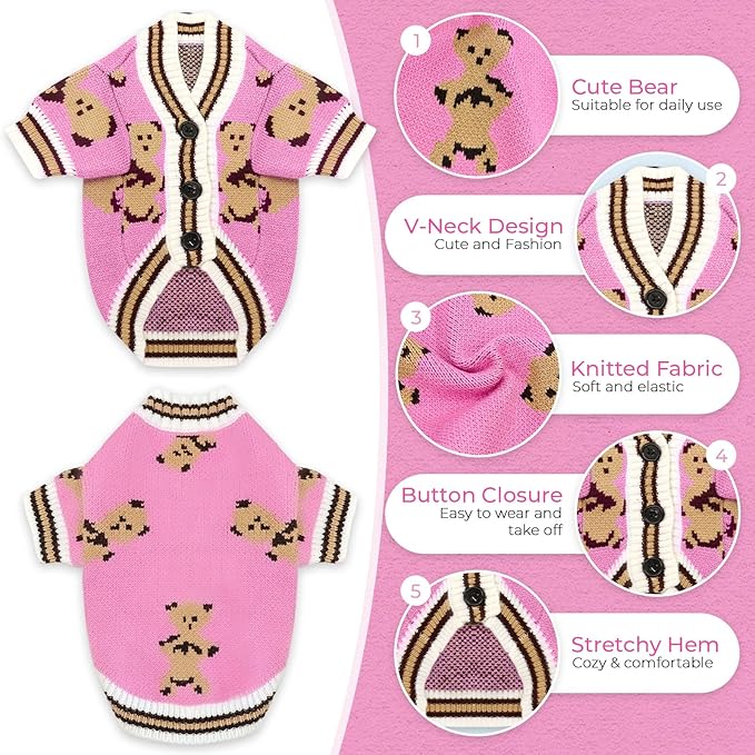 PETCARE Small Dog Sweater Cute Bear Dog Cardigan Coat Clothes for Small Medium Dogs Boy Girl Cat Sweaters Clothes for Cats Only Soft Warm Fall Winter Puppy Knitted Outfits Chihuahua Shih Tzu, Pink