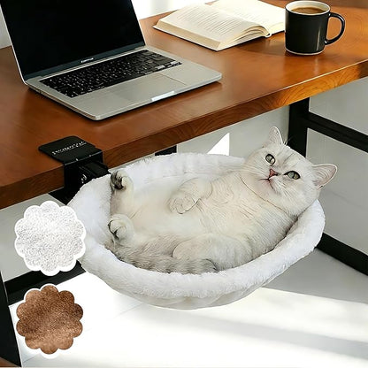 Cat Desk Hammock Bed Foldable Space Saving Hanging Cat Bed for Desk Table, Includes 2 Replaceable Ultra-Soft Faux Rabbit Fur Pads for All Seasons, Clamp Mount Supports up to 40lbs, Removable Covers