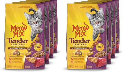 Meow Mix Tender Centers Basted Bites Dry Cat Food,Chicken & Tuna Flavor,3 Pound,Crunchy Outside Meaty Inside,(Pack of 8)