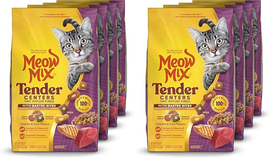 Meow Mix Tender Centers Basted Bites Dry Cat Food,Chicken & Tuna Flavor,3 Pound,Crunchy Outside Meaty Inside,(Pack of 8)