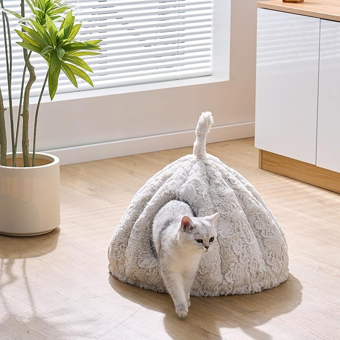 PetPals Round Cat Bed Small Pet Cave with Removeable and Washable Cushion, Super Soft Plush Pet Bed with Cover for Puppy and Kitten, Anti-Slip Bottom (Rose Hut)
