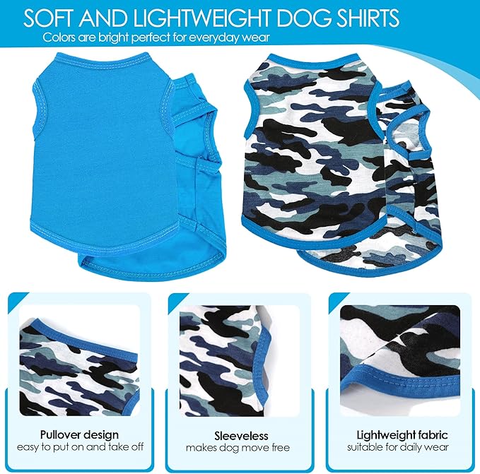 2 Pack Dog Shirt for Small Dogs Girl Boy Camouflage Puppy Clothes Pet T Shirts Dog Clothes for Small Dogs Cats Apparel (Blue Camouflage + Solid Color, Medium)