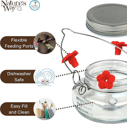 Nature’s Way Vintage Glass Jar Hanging Hummingbird Feeder, 6 oz Nectar Capacity, 4 Flexible Feeding Ports, Easy Clean Dish-Style Feeder for Outdoor Yard Décor, Clear