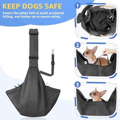 SlowTon Dog Carrier Sling - Thick Padded Shoulder Strap Adjustable Dog Carriers for Small Dogs, Puppy Carrier Purse for Pet Cat with Front Zipper Pocket Safety Belt Machine Washable (Grey Mesh L)