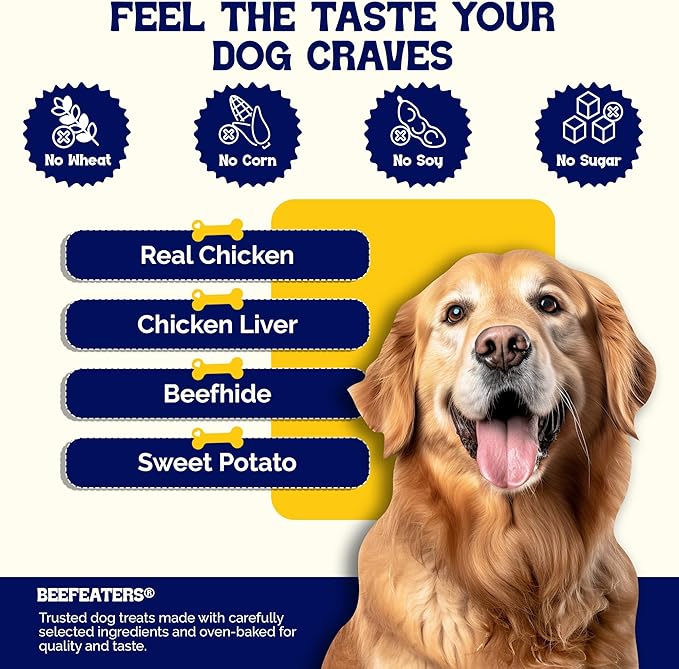 Beefeaters Triple Flavor Beefhide Kabobs 12oz, Dog Treats with Real Chicken, Liver & Sweet Potato – Long-Lasting Dog Kabob Treats for Chewing, Dental Support*, Flavor-Packed Treats - Training Rewards