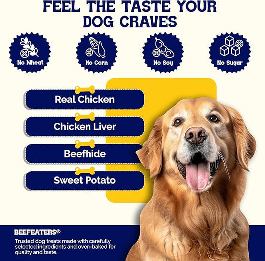 Beefeaters Triple Flavor Beefhide Kabobs 40oz, Dog Treats with Real Chicken, Liver & Sweet Potato – Long-Lasting Dog Kabob Treats for Chewing, Dental Support*, Flavor-Packed Treats - Training Rewards