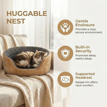 Medium Dog Bed Cat Bed 18x26 Inch, Calming Pet Bed for Small Dogs & Cats, Half-Enclosed Open-Top Velvet Anti-Anxiety Bed, Machine Washable Cozy Snuggle Bed (Camel)