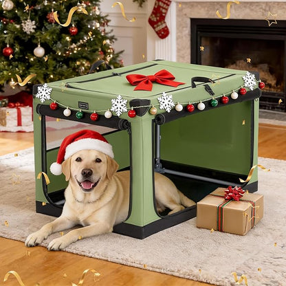 PETSFIT 40" Soft Portable Dog Crate – Patented Spiral Sturdy Frame, Collapsible Travel Kennel for Large Dogs, 3 Mesh Door, Lockable Zippers, Indoor & Car Use Green